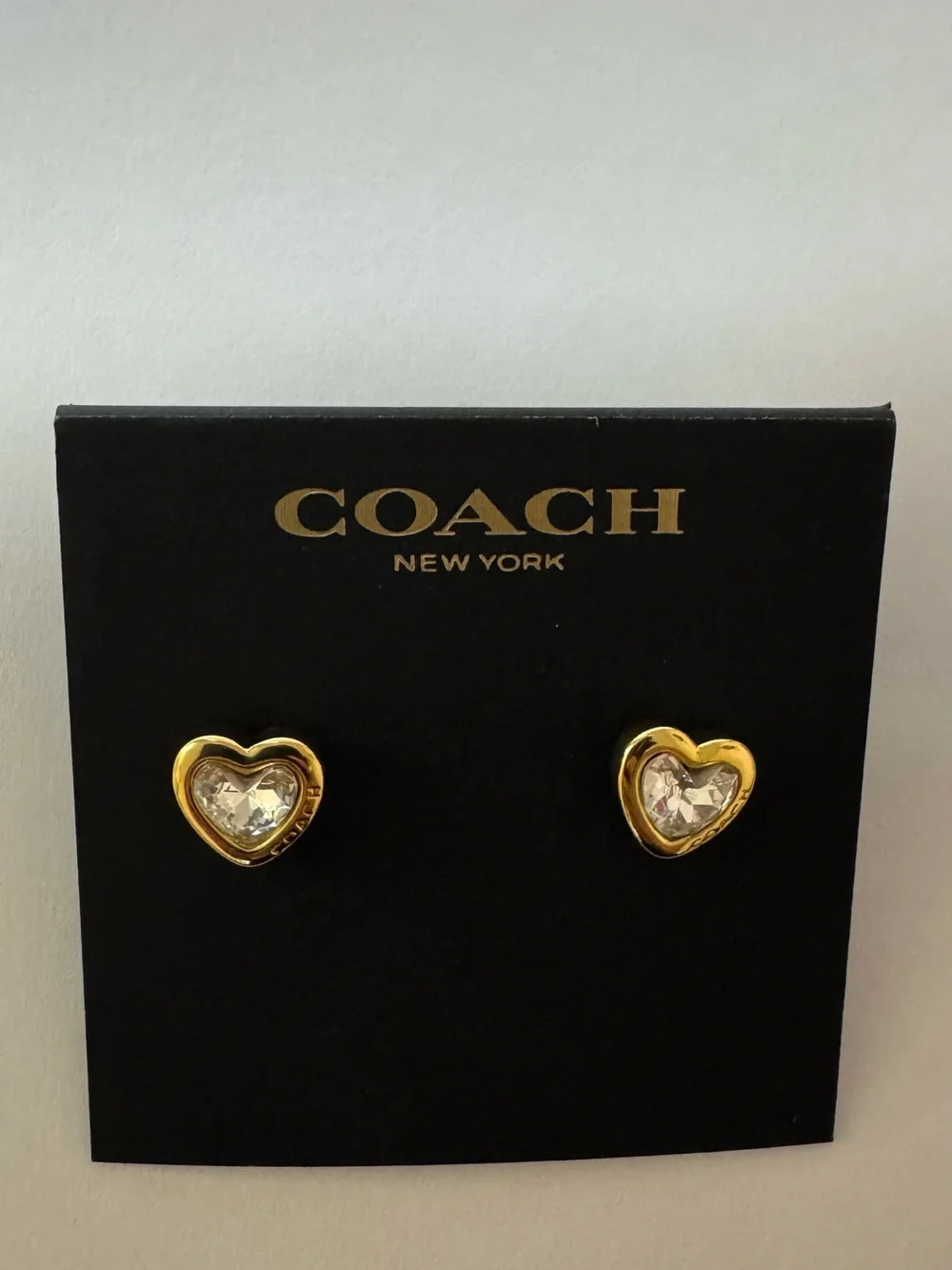 COACH Gold Heart Crystal Stud Earrings - Picture 2 of 7